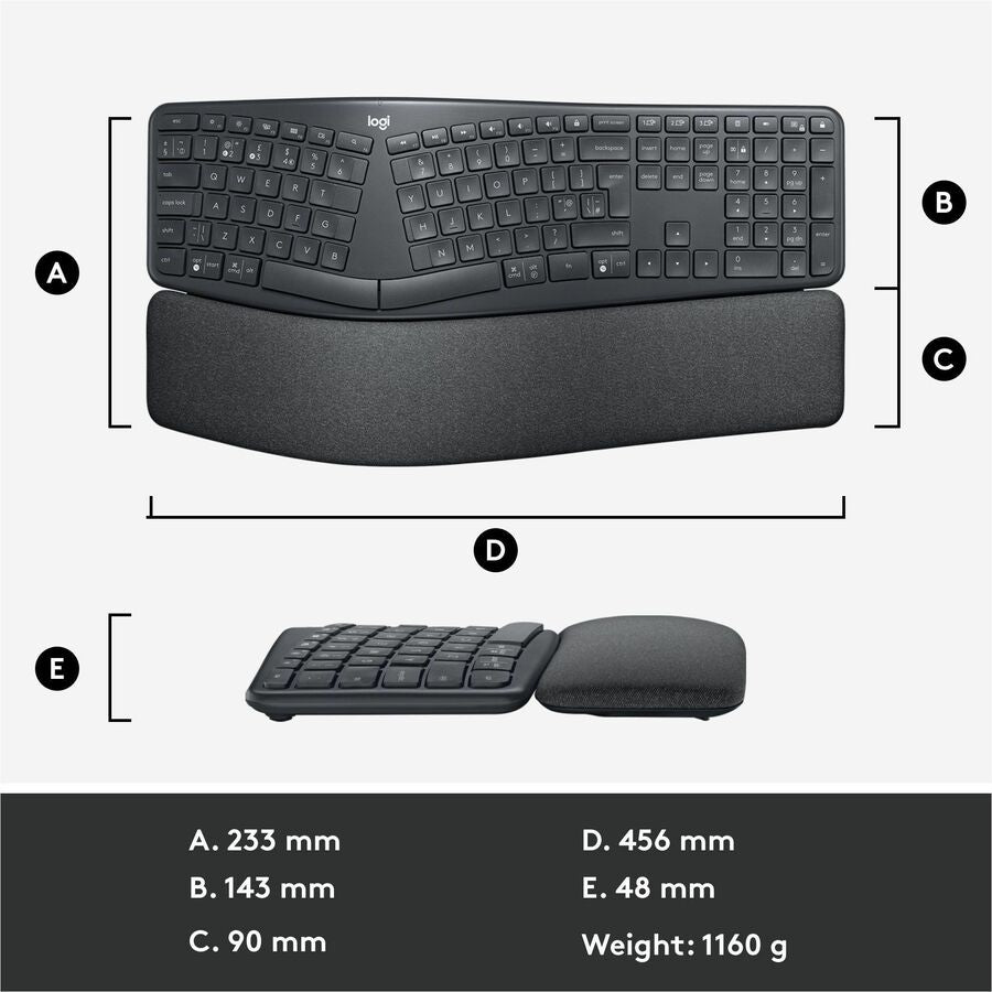 Logitech Ergo K860 Split Wireless Keyboard for Business - Ergonomic Design, Secured Logi Bolt Technology, Graphite