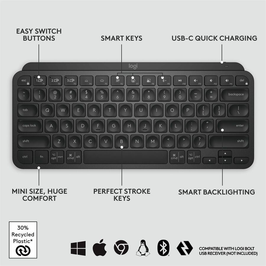 Logitech MX Keys Mini Minimalist Wireless Illuminated Keyboard, Compact, Bluetooth, Backlit, USB-C, Black