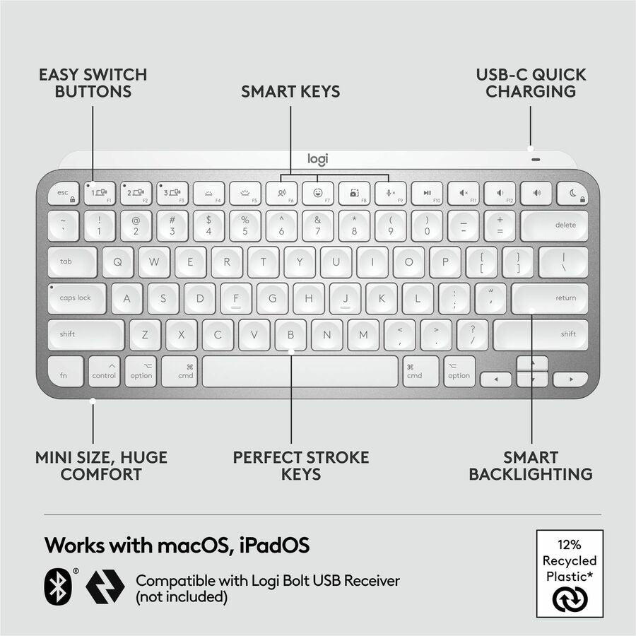 Logitech MX Keys Mini for Mac Minimalist Wireless Illuminated Keyboard, Bluetooth, Backlit Keys, USB-C, Metal Build, Pale Grey