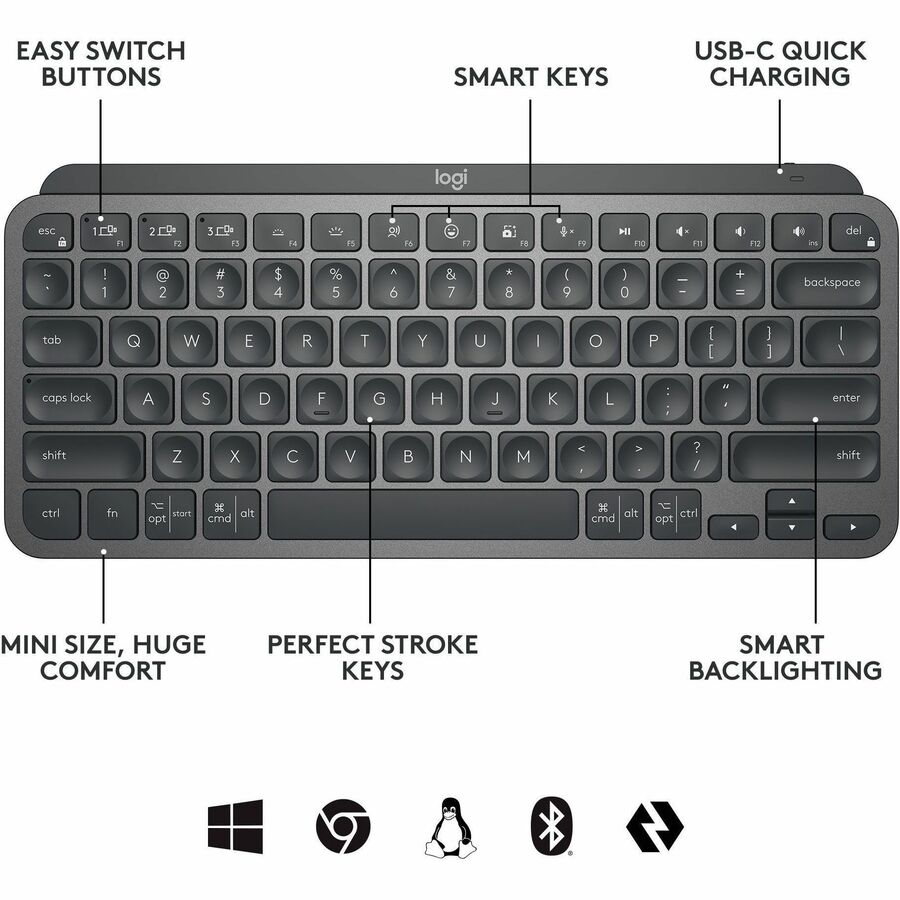Logitech MX Keys Mini Wireless Illuminated Keyboard for Business, Compact, Logi Bolt Technology, Graphite