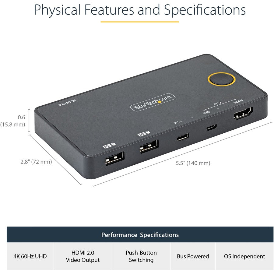 StarTech.com 2 Port Hybrid USB-A + HDMI & USB-C KVM Switch, Single 4K 60Hz HDMI 2.0 Monitor, Compact Desktop and/or Laptop HDMI KVM Switch