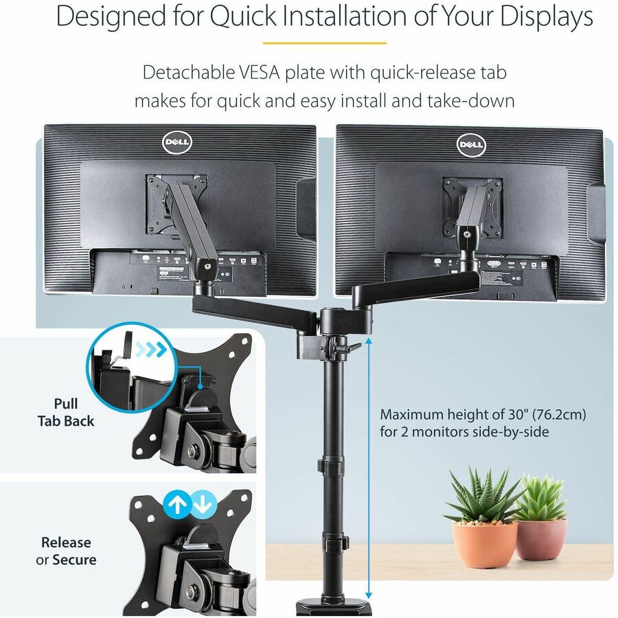 StarTech.com Desk Mount Dual Monitor Arm, Height Adjustable Monitor Mount for 2x VESA Displays up to 32" (17.6lb/8kg), Mechanical Spring