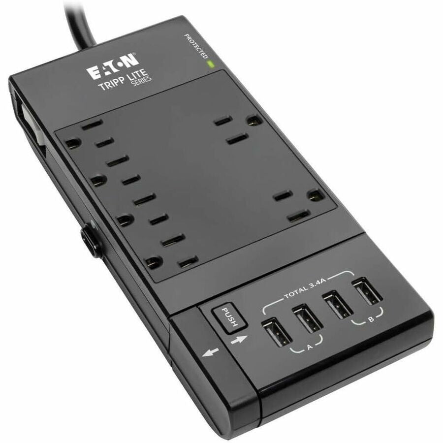 Eaton Tripp Lite Series Safe-IT 6-Outlet Surge Protector, Retractable USB Charger, 5-15R Outlets, 4 USB Charging Ports, 8 ft. (2.4 m) Cord, Antimicrobial Protection