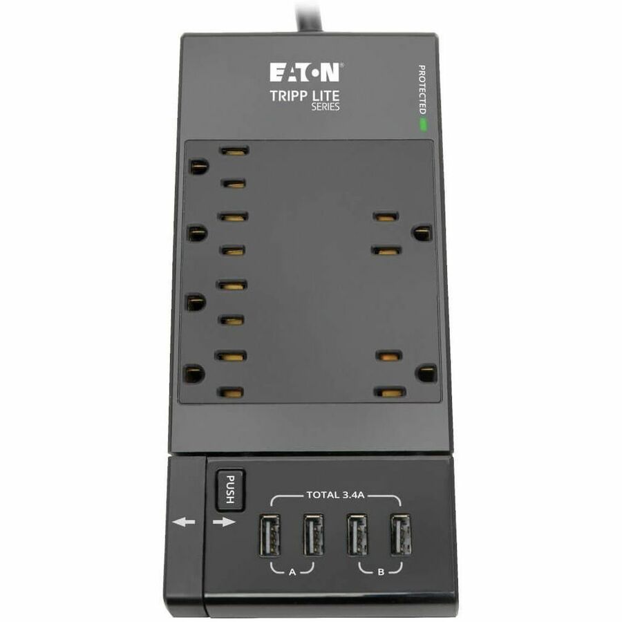 Eaton Tripp Lite Series Safe-IT 6-Outlet Surge Protector, Retractable USB Charger, 5-15R Outlets, 4 USB Charging Ports, 8 ft. (2.4 m) Cord, Antimicrobial Protection