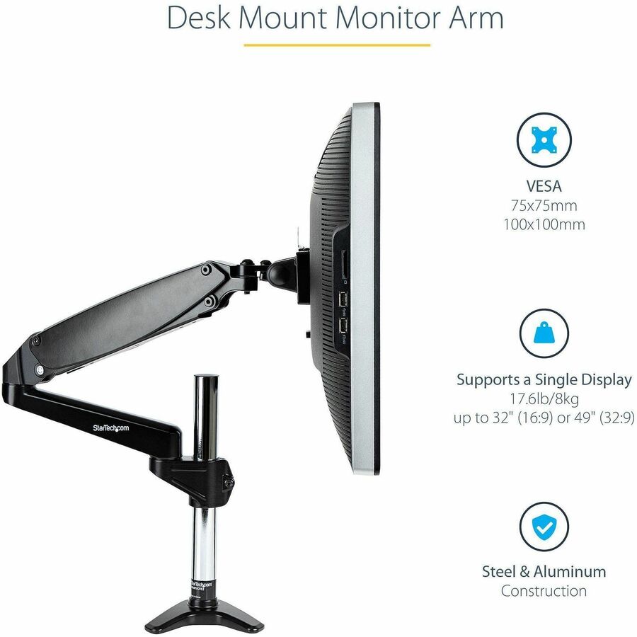 StarTech.com Desk Mount Monitor Arm for Single VESA Display 49"(17.6lb/8kg), Full Motion Articulating & Height Adjustable, C-Clamp/Grommet