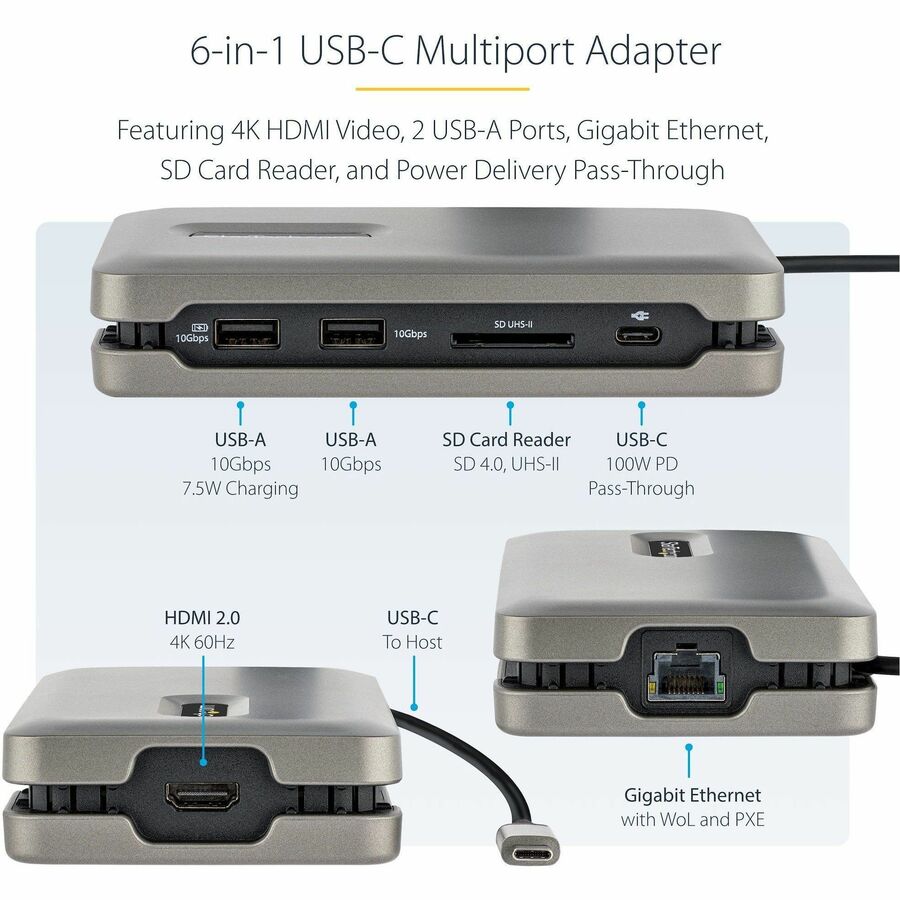StarTech.com USB C Multiport Adapter, USB C to 4K 60Hz HDMI 2.0, 2-Port 10Gbps USB Hub, 100W Power Delivery Pass-through, GbE, SD/MicroSD