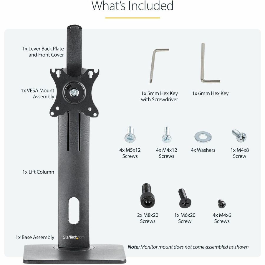 StarTech.com Free Standing Single Monitor Mount, Height Adjustable Ergonomic Monitor Desk Stand, For VESA Mount Displays up to 32" (15lb)