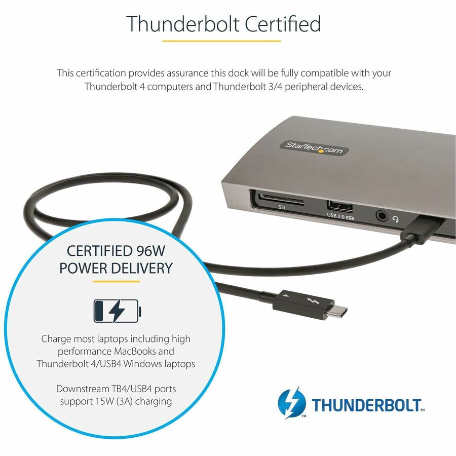 StarTech.com Thunderbolt 4 Dock, 96W Power Delivery, Single 8K / Dual Monitor 4K 60Hz, 3x TB4/USB4 ports, 4x USB-A, SD, GbE, 0.8m cable