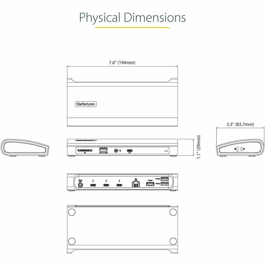 StarTech.com Thunderbolt 4 Dock, 96W Power Delivery, Single 8K / Dual Monitor 4K 60Hz, 3x TB4/USB4 ports, 4x USB-A, SD, GbE, 0.8m cable