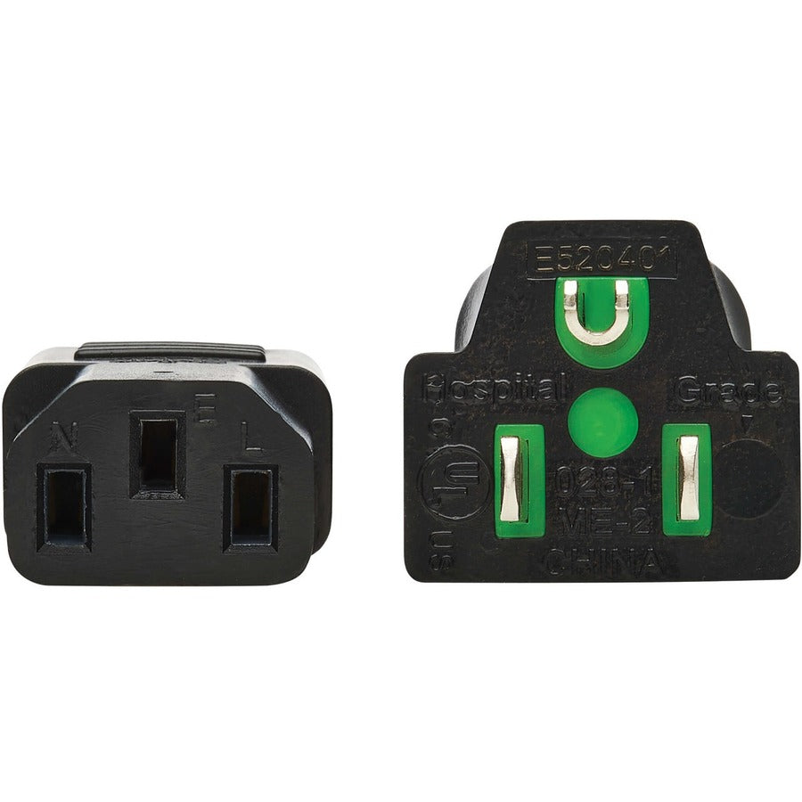 Eaton Tripp Lite Series Safe-IT Antibacterial Hospital-Grade Power Cord, 5-15P to C13 - Green Dot, 13A, 125V, 16 AWG, Black, 10 ft. (3 m)