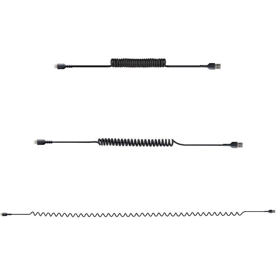 StarTech.com 1m (3ft) USB to Lightning Cable, MFi Certified, Coiled iPhone Charger Cable, Black, Durable TPE Jacket Aramid Fiber