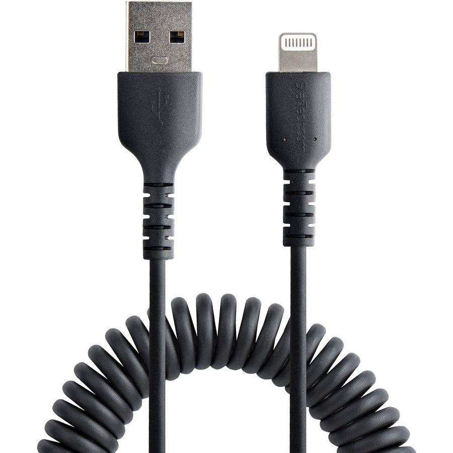 StarTech.com 1m (3ft) USB to Lightning Cable, MFi Certified, Coiled iPhone Charger Cable, Black, Durable TPE Jacket Aramid Fiber