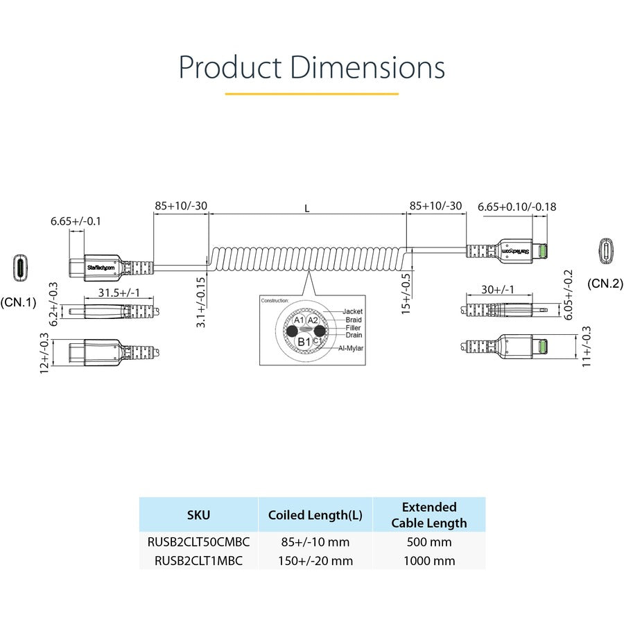 StarTech.com 50cm / 20in USB C to Lightning Cable, MFi Certified, Coiled iPhone Charger Cable, Black, TPE Jacket Aramid Fiber