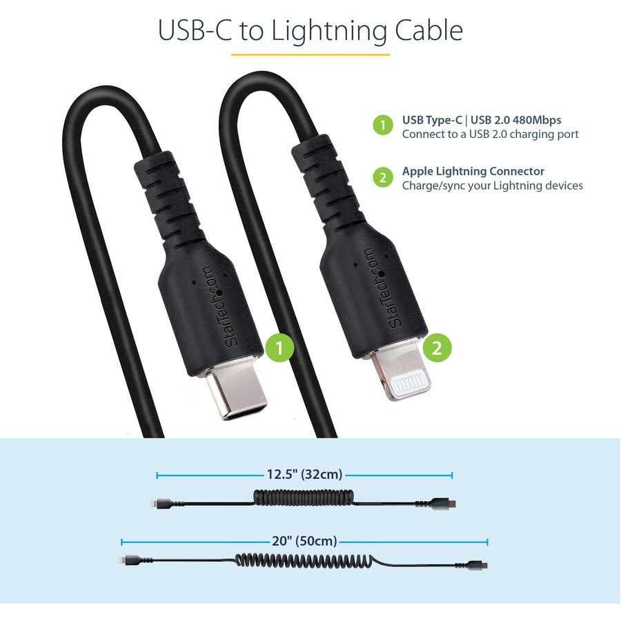 StarTech.com 50cm / 20in USB C to Lightning Cable, MFi Certified, Coiled iPhone Charger Cable, Black, TPE Jacket Aramid Fiber