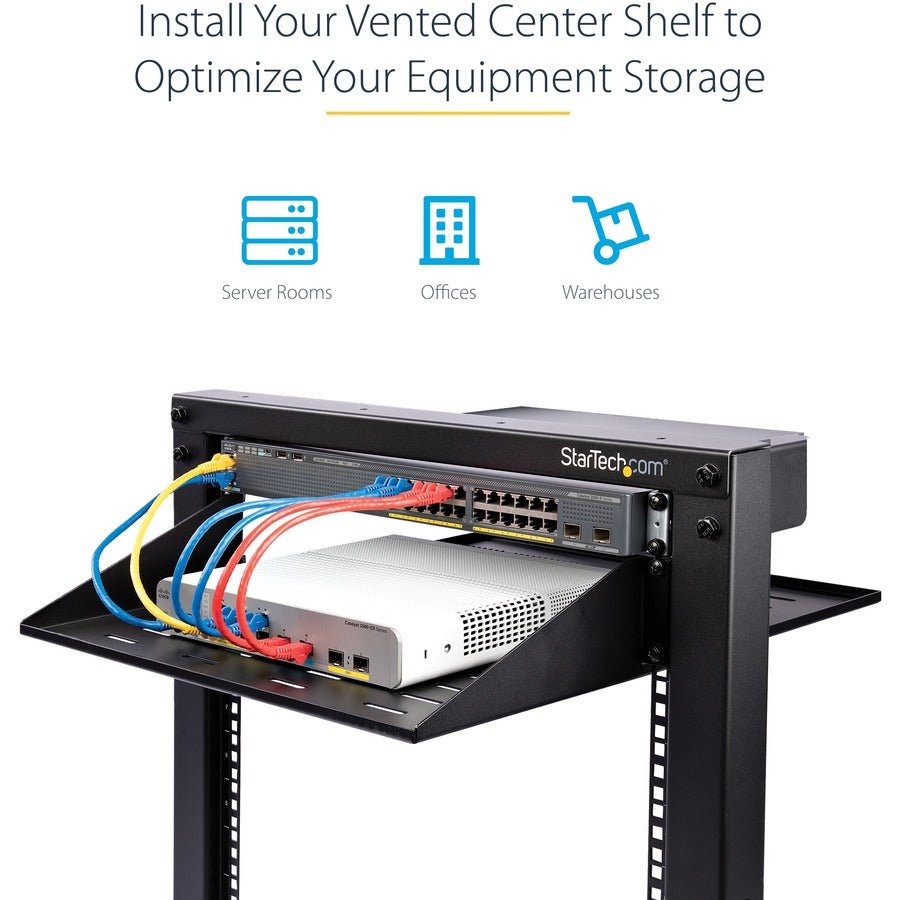 StarTech.com 2U Vented Server Rack Shelf - Center Mount Fixed 14" Deep Cantilever Rackmount Tray for 19" Data/AV/Network w/Cage Nuts