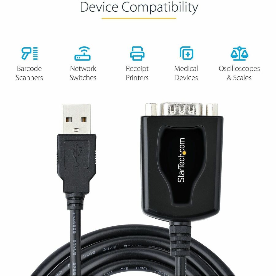 StarTech.com 3ft (1m) USB to Serial Cable with COM Port Retention, DB9 Male RS232 to USB Converter, USB to Serial Adapter, Prolific IC