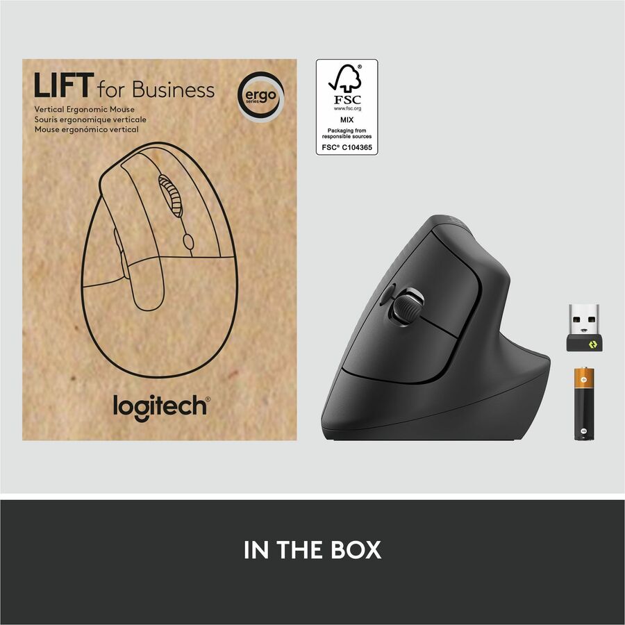 Logitech Lift for Business, Vertical Ergonomic Mouse, Wireless, Bluetooth, Logi Bolt USB, Quiet clicks, Graphite