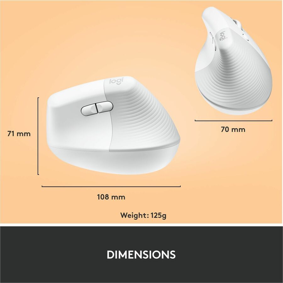 Logitech Lift Vertical Ergonomic Mouse, Wireless, Bluetooth or Logi Bolt USB receiver, Quiet clicks, 4 buttons, Off-white