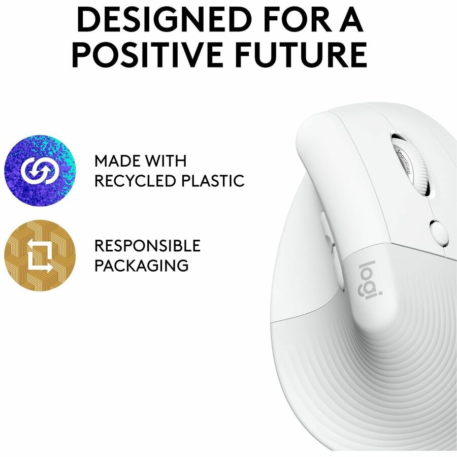 Logitech Lift Vertical Ergonomic Mouse, Wireless, Bluetooth or Logi Bolt USB receiver, Quiet clicks, 4 buttons, Off-white