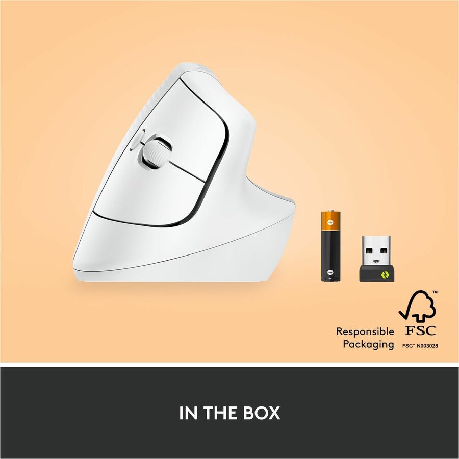 Logitech Lift Vertical Ergonomic Mouse, Wireless, Bluetooth or Logi Bolt USB receiver, Quiet clicks, 4 buttons, Off-white