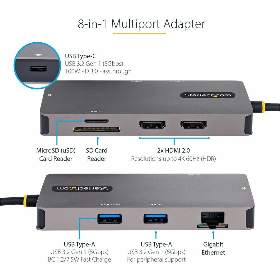 StarTech.com USB C Multiport Adapter, Dual HDMI, 4K 60Hz, 2x 5Gbps USB-A Hub, 100W Power Delivery, GbE, SD/MicroSD, USB C Mini Dock
