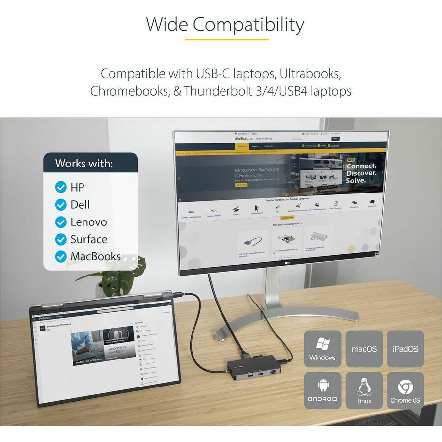 StarTech.com USB C Multiport Adapter, Dual HDMI, 4K 60Hz, 2x 5Gbps USB-A Hub, 100W Power Delivery, GbE, SD/MicroSD, USB C Mini Dock