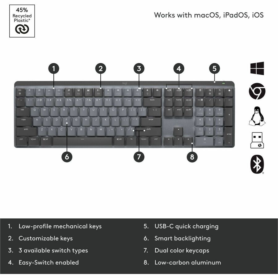 Logitech MX Mechanical Wireless Illuminated Performance Keyboard, Clicky Switches, Backlit Keys, Bluetooth