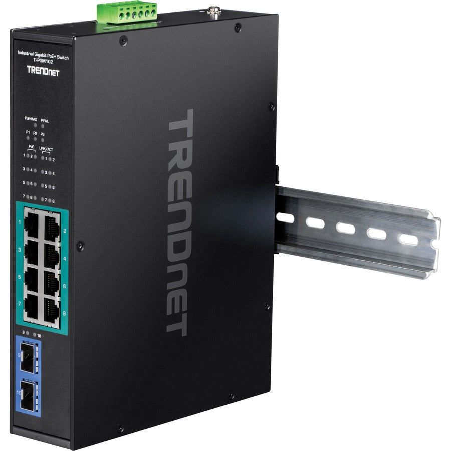 TRENDnet 10-Port Industrial Gigabit PoE+ Switch, WideTemperature Range -20° - 65°C (-4° - 149°F), DIN Rail Switch, 50-55V DC, 8 x Gigabit PoE+ Ports, 2 x Gigabit SFP Slots, TI-PGM102, Black