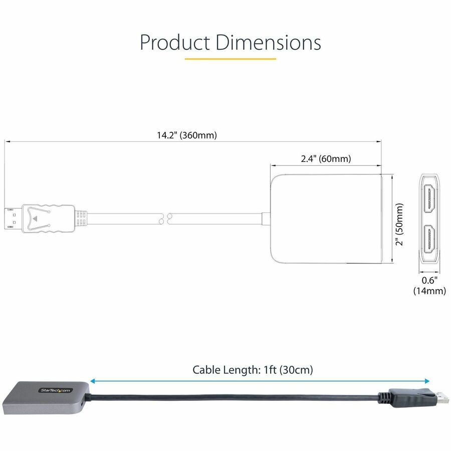 StarTech.com DP to Dual HDMI MST HUB, Dual HDMI 4K 60Hz, 2 Port DisplayPort Multi Monitor Adapter with 1ft/30cm Cable, DP 1.4 | DSC | HBR3