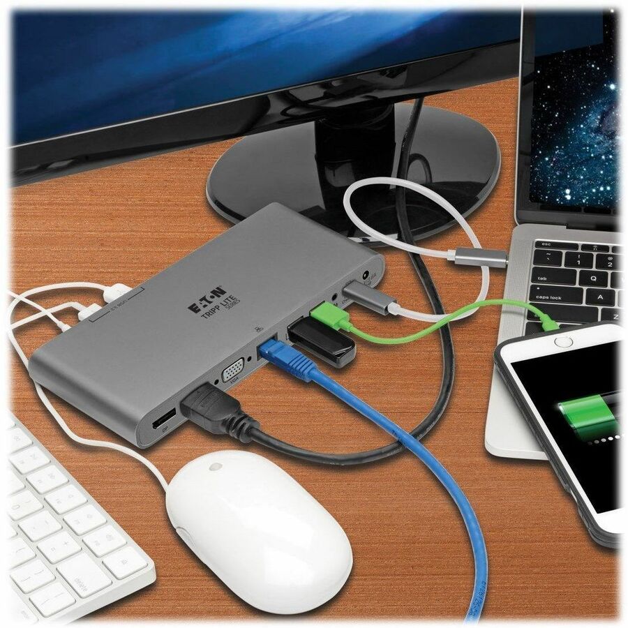 Eaton Tripp Lite Series USB-C Dock, Triple Display - 4K HDMI/DisplayPort, VGA, USB 3.x (5Gbps), USB-A/C Hub Ports, GbE, 100W PD Charging, EU/UK Power Supply