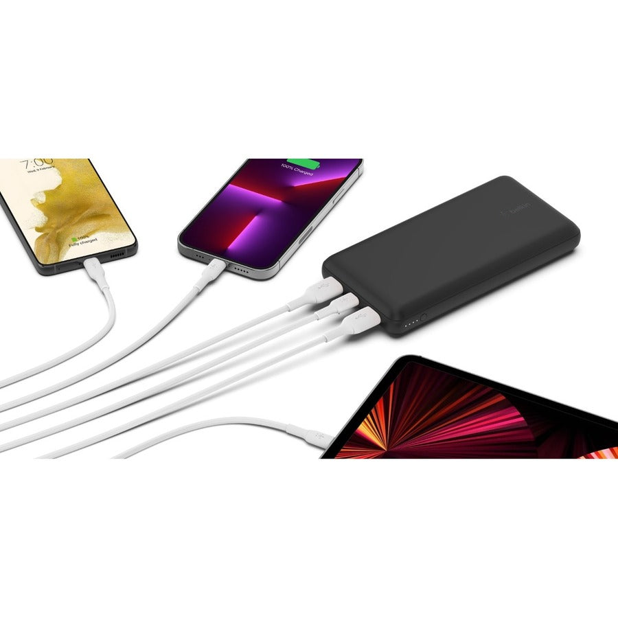 Belkin 15W 3-port USB Power Bank - 20K mAh - 2xUSB-A (12W), 1xUSB-C (15W) - Portable Charger - w/ USB-A to USB-C Cable - Black