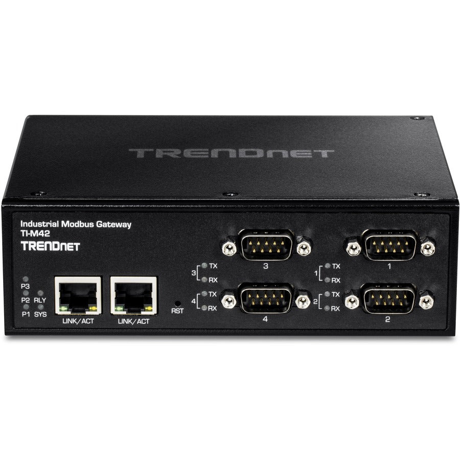 TRENDnet 4-Port Fast Ethernet Industrial Modbus Gateway, 4 x Serial DB-9 Ports, 2 x Fast Ethernet Ports, Up to 100m (328 ft), IP30 Rated Housing, Extreme Temperature Protection, Black, TI-M42