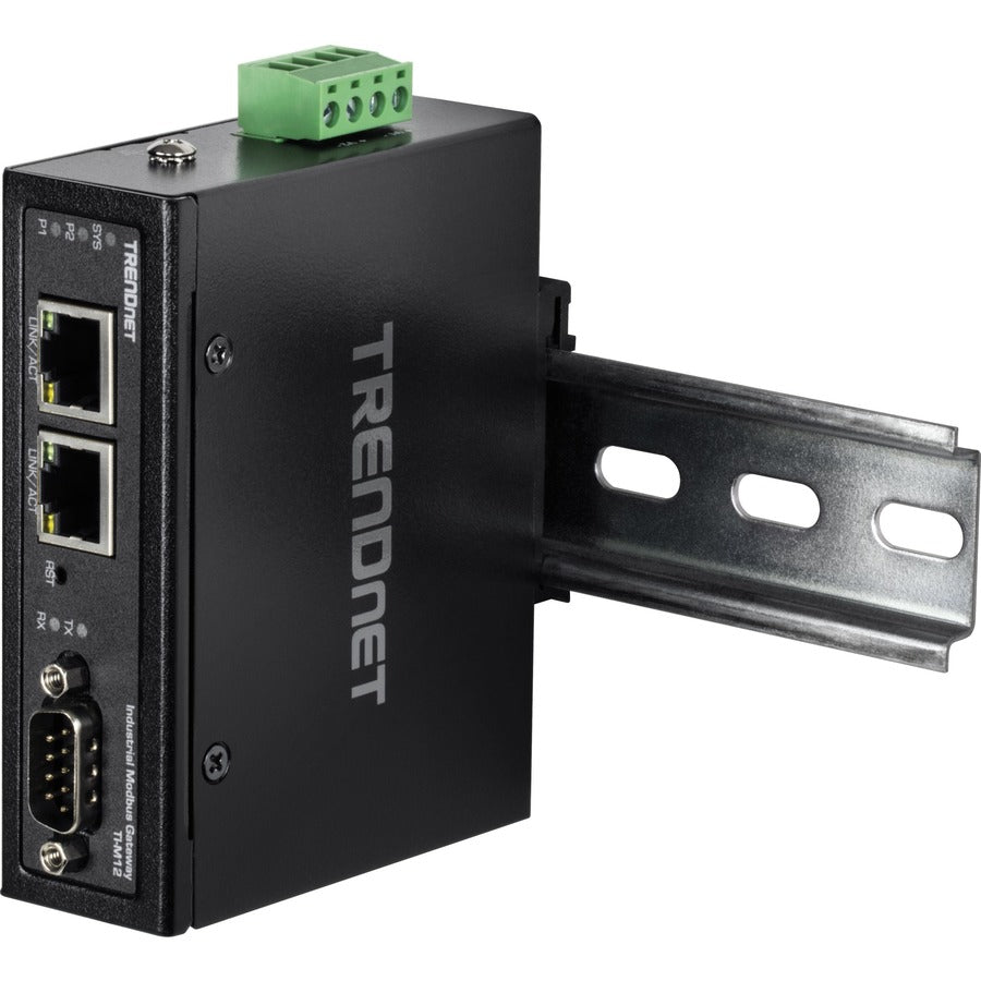 TRENDnet 1-Port Fast Ethernet Industrial Modbus Gateway, 1 x Serial DB-9 Port, 2 x Fast Ethernet Ports, Up to 100m (328 ft), IP30 Rated Housing, Extreme Temperature Protection, Black, TI-M12