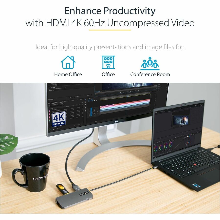 StarTech.com USB C Multiport Adapter, 4K 60Hz HDMI HDR10 Video, 3 Port 5Gbps USB 3.2 Hub, 100W PD PassThrough, GbE, Mini Travel Dock
