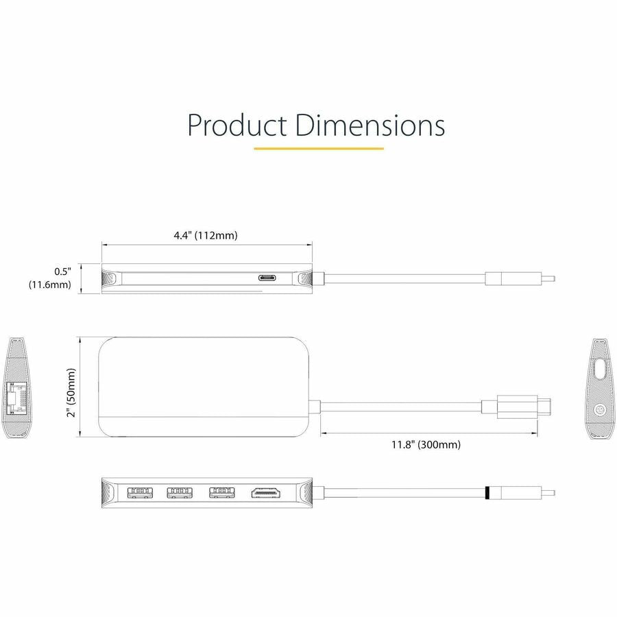 StarTech.com USB C Multiport Adapter, 4K 60Hz HDMI HDR10 Video, 3 Port 5Gbps USB 3.2 Hub, 100W PD PassThrough, GbE, Mini Travel Dock