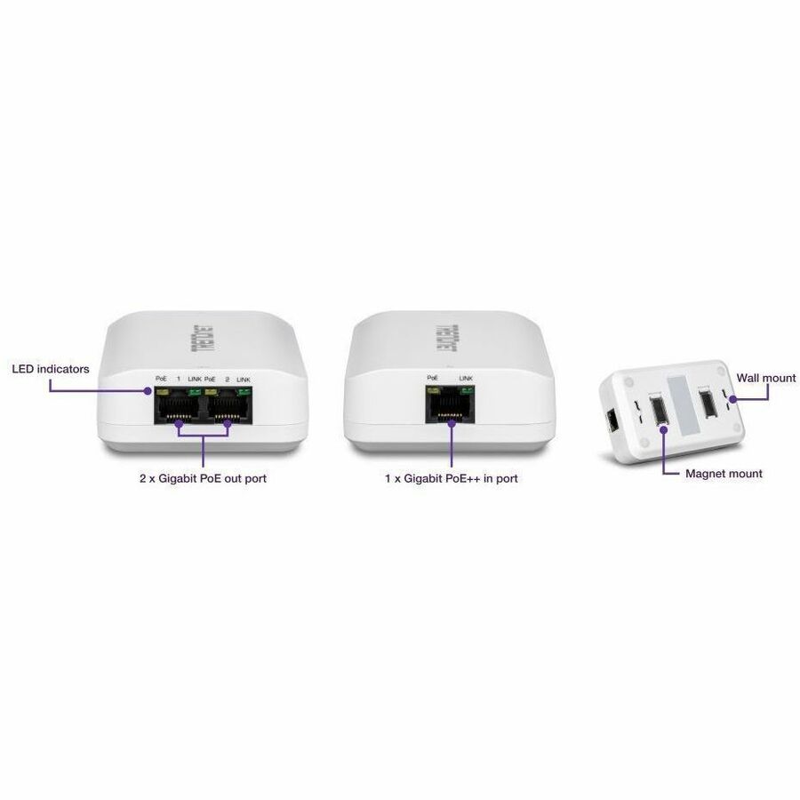 TRENDnet 2-Port Gigabit PoE++ Extender, 1 x Gigabit PoE++ In Port, 2 x Gigabit PoE Out Ports, Extends 100m (328 ft) Up to 200m (656 ft), Daisy Chain 4 Units for up to 500m (1640 ft), Black, TPE-BE200