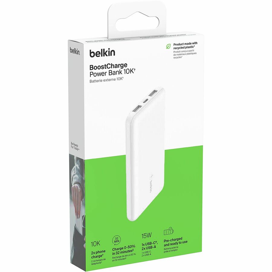 Belkin 15W 3-port USB Power Bank - 10K mAh - 2xUSB-A (12W), 1xUSB-C (15W) - Portable Charger - w/ USB-A to USB-C Cable - White