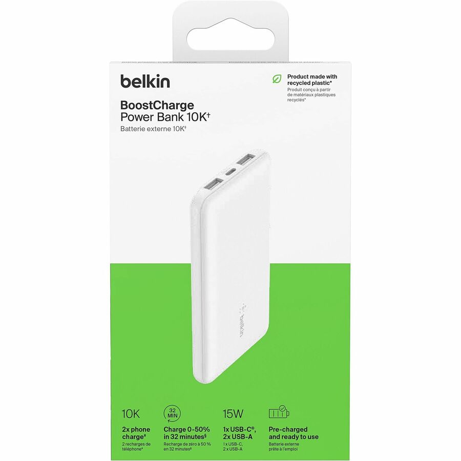 Belkin 15W 3-port USB Power Bank - 10K mAh - 2xUSB-A (12W), 1xUSB-C (15W) - Portable Charger - w/ USB-A to USB-C Cable - White