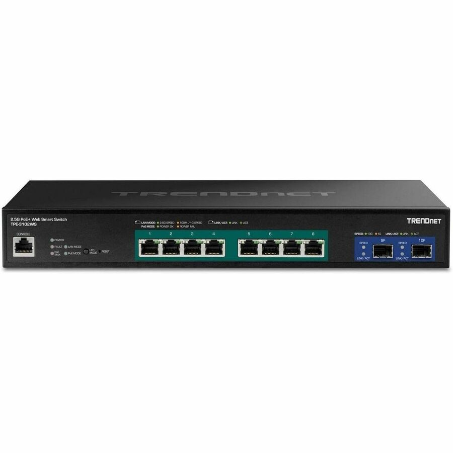 TRENDnet 10-Port Multi-Gig Web Smart PoE+ Switch, 8 x 2.5GBASE-T PoE+ Ports, 2 x 10G SFP+ Slots, Metal Housing, Managed Network Ethernet Switch, Lifetime Protection, Black, TPE-3102WS