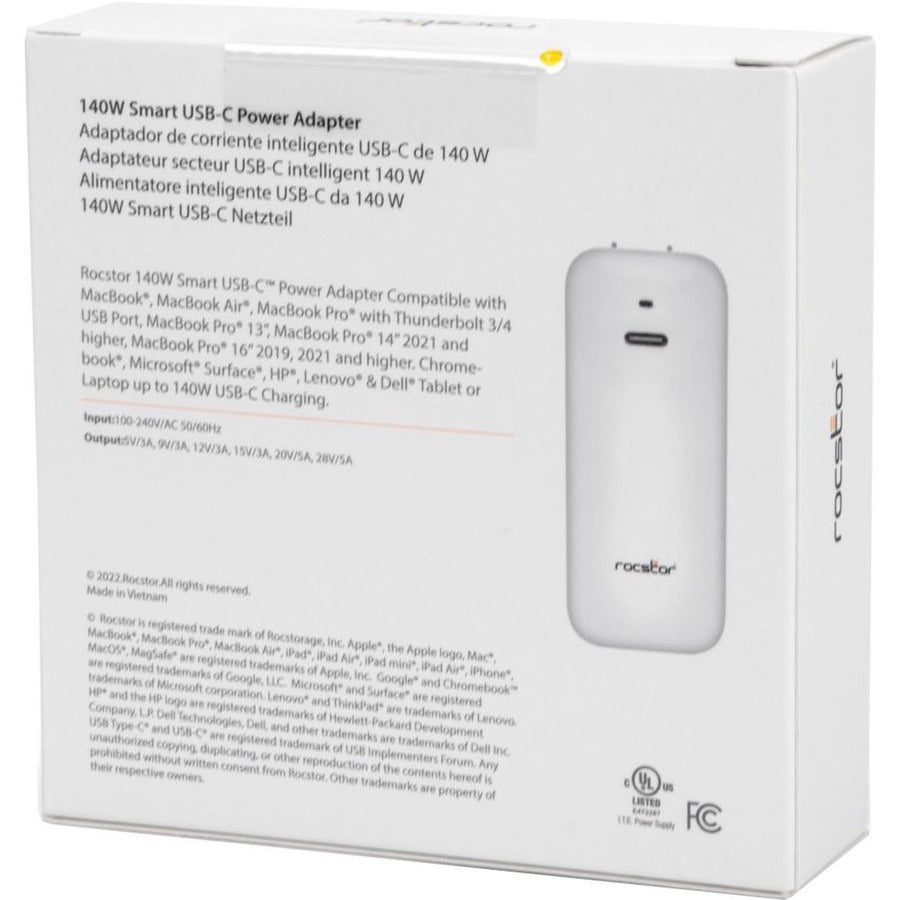 Rocstor 140W Smart USB-C™ Power Adapter AC Charger. Compatible with Apple® MacBook®, MacBook Air®, MacBook Pro® with Thunderbolt 3/4 (87W & 96W), MacBook Pro® 13" (61 & 67W), MacBook Pro® 14" 2021 and higher, MacBook Pro®