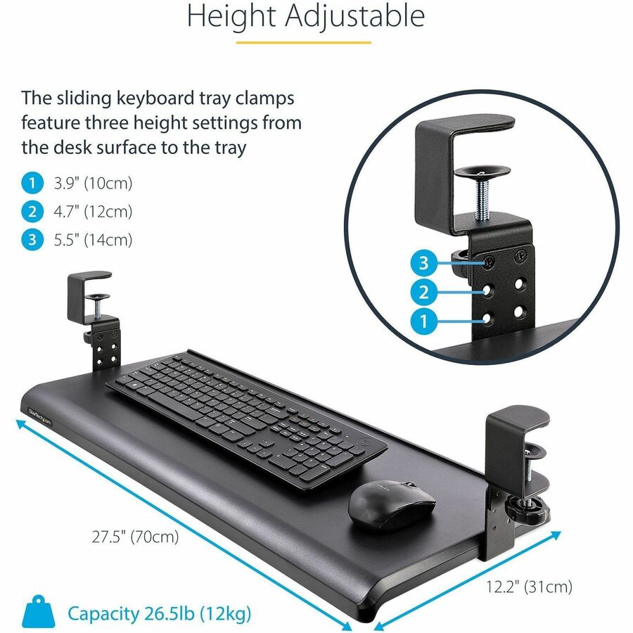 StarTech.com Under Desk Keyboard Tray, Clamp on Keyboard Holder, Up to 12kg/26.5lb, Height Adjustable, Ergonomic Sliding Keyboard Drawer