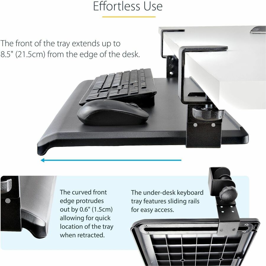 StarTech.com Under Desk Keyboard Tray, Clamp on Keyboard Holder, Up to 12kg/26.5lb, Height Adjustable, Ergonomic Sliding Keyboard Drawer