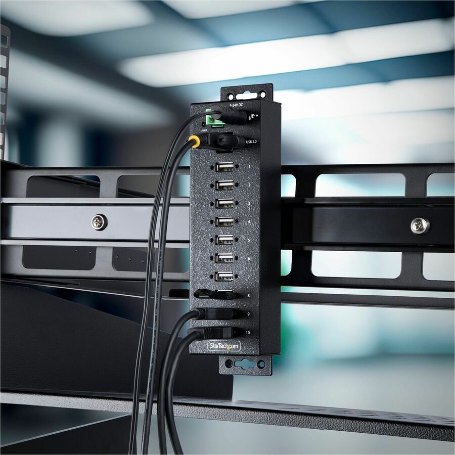 StarTech.com 10-Port Industrial USB 2.0 HUB, Rugged USB Hub w/ESD Level 4 Protection, DIN/Wall/Desk Mountable USB-A Hub, USB Expansion Hub