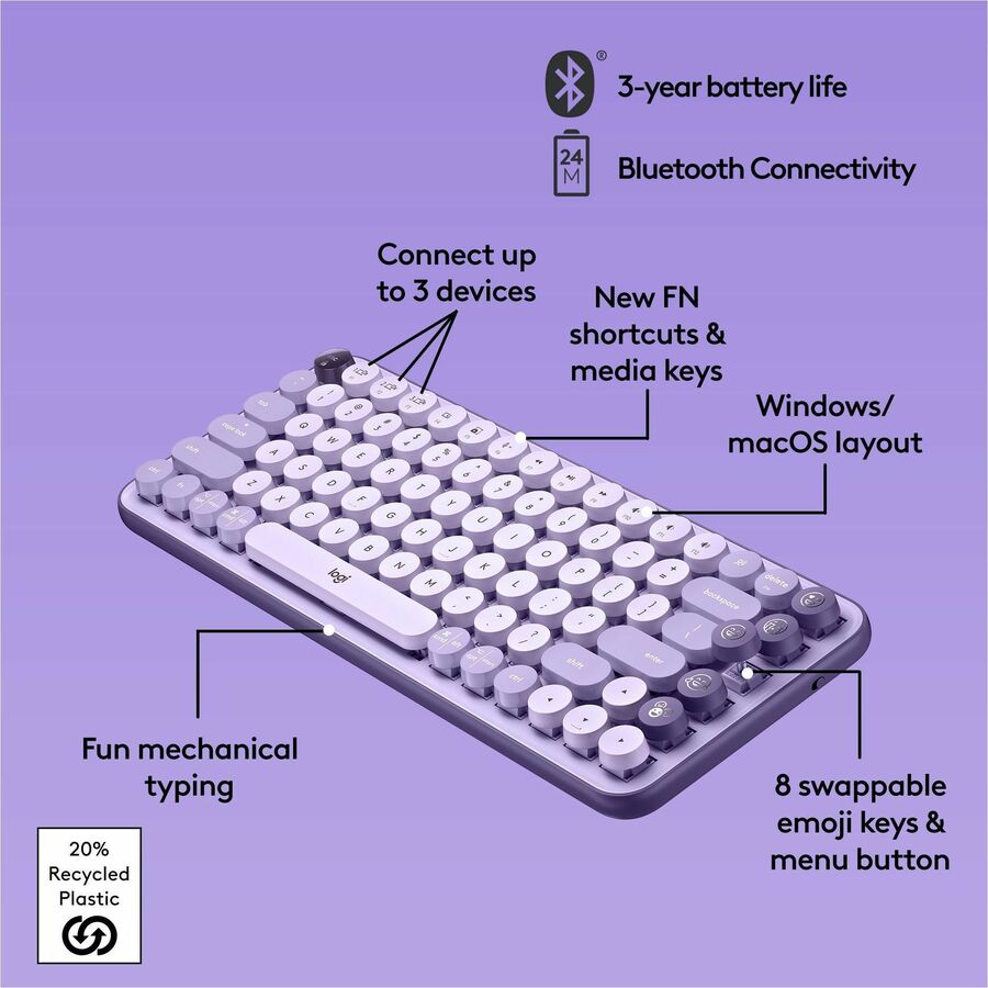 Logitech POP Keys Mechanical Wireless Keyboard with Customizable Emoji Keys, Compact Design, Bluetooth, Cosmos