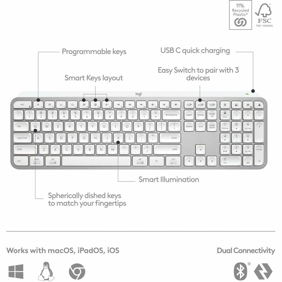 Logitech MX Keys S Wireless Keyboard, Low Profile, Fluid Precise Quiet Typing, USB C Rechargeable, Pale Gray