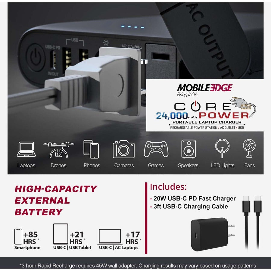 Mobile Edge CORE Power 24,000mAh AC/USB Laptop Power Charger