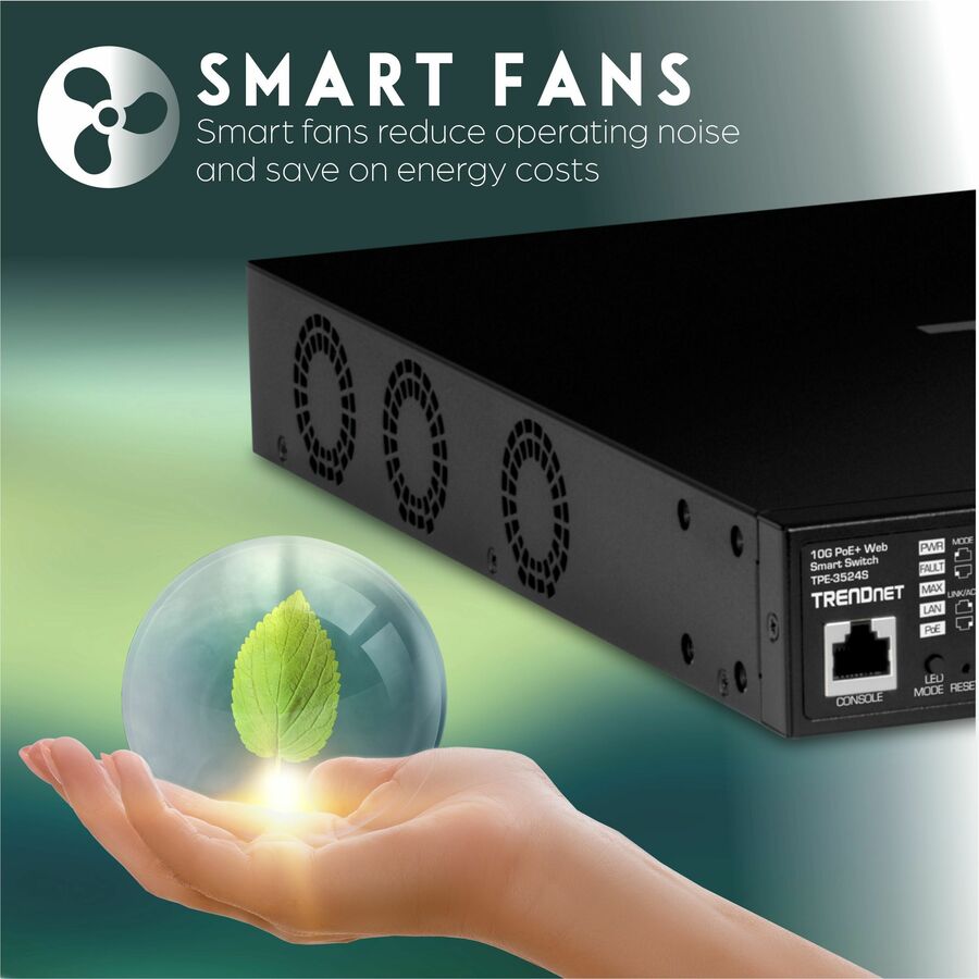 TRENDnet 52-Port Gigabit Web Smart PoE+ Switch with 10G SFP+ Ports, TPE-3524S, 48 x Gigabit PoE+ Ports, 4 x 10G SFP+ Ports, 410W PoE Power Budget, Lifetime Protection, Black