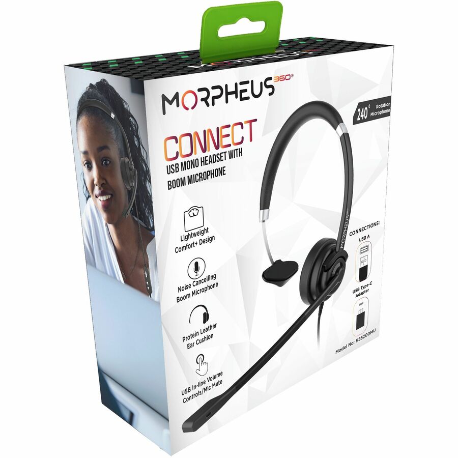 Morpheus 360 Connect USB Mono Headset with Boom Microphone - Noise Cancelling - Reversible Design - Eco-Leather Ear Cushion - Inline Volume - HS5200MU