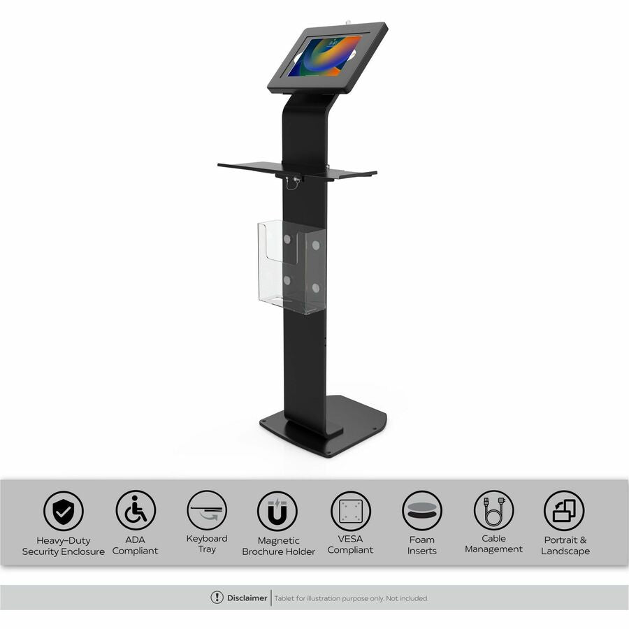 CTA Premium Locking Floor Stand Kiosk with Universal Security Enclosure, Keyboard Tray, and Storage Compartment (Black)