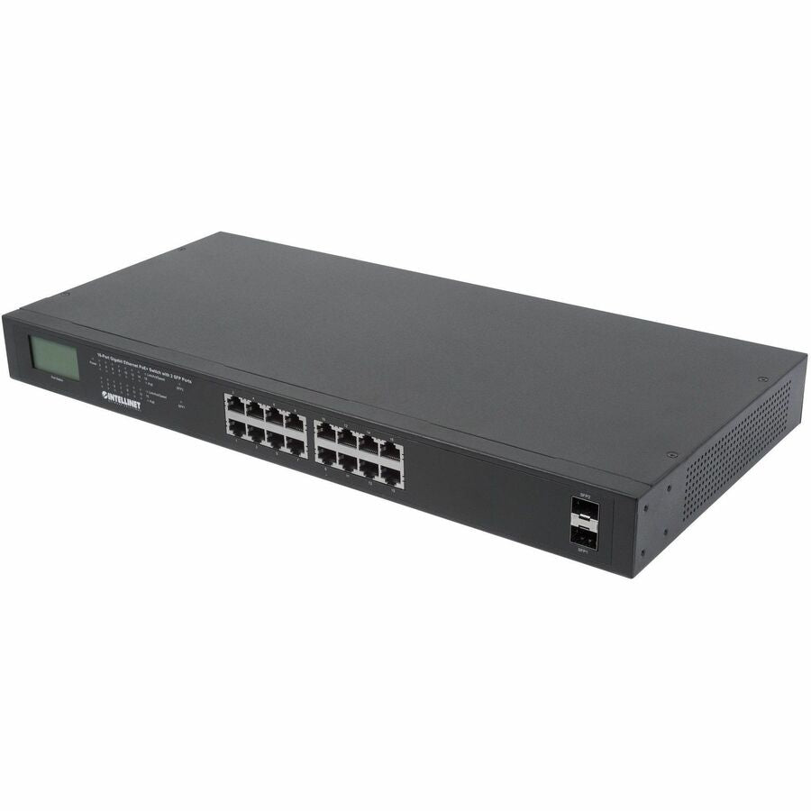 Intellinet 16-Port Gigabit Ethernet PoE+ Switch with 2 SFP Ports and LCD Screen